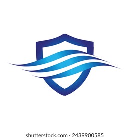 this is a simple logo of a blue wave on a blue shield in flat style that looks clean on a white background