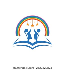 This is a simple logo design that depicts a little boy and a girl reaching for the star under a rainbow on an abstract book image