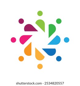 This is a simple logo of eight abstract people connected together forming a circle shape in different colors symbolizing teamwork and plurality in flat style on a white background