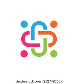 Este es un logotipo simple de cuatro personas abstractas conectadas entre sí formando un símbolo más que simboliza el trabajo en equipo y la unión en estilo plano

