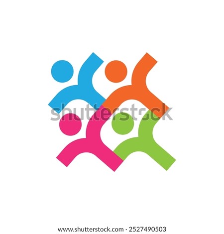 This is a simple logo of four abstract people in different colourful tones connected together forming a square shape symbolizing teamwork and togetherness in flat style on a white background

