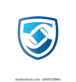 This is a simple logo of two hands on a shield in blue color in flat style on a white background