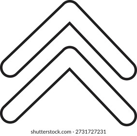 Este é um gráfico simples e minimalista de duas setas em divisa empilhadas uma em cima da outra e apontando para cima. As setas estão contornadas em linhas pretas grossas com extremidades arredondadas. A imagem é colocada sobre um plano de fundo branco plano, fazendo com que as setas sejam o único foco. Este símbolo é frequentemente usado para indicar o avanço, progressão ou mover-se para um nível mais alto.
