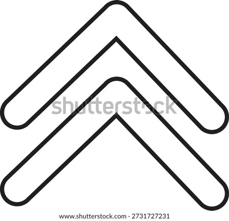 This is a simple, minimalist graphic of two chevron arrows stacked on top of each other and pointing upwards. The arrows are outlined in thick black lines with rounded ends. The image is set against a plain white background, making the arrows the sole focus. This symbol is often used to indicate advancement, progression, or moving to a higher level.