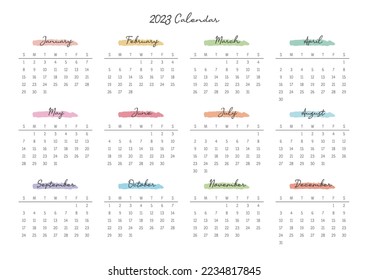 This is a simple, minimalist style annual planner with a year 12 month calendar for 2023. Note, scheduler, diary, calendar planner document template illustration.