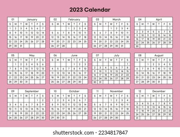 This is a simple, minimalist style annual planner with a year 12 month calendar for 2023. Note, scheduler, diary, calendar planner document template illustration.