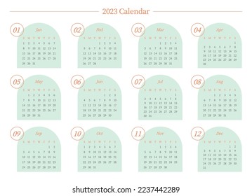 Se trata de un planificador anual sencillo y minimalista con un calendario anual de 12 meses para 2023. Ilustración de la plantilla de documento de planificador de calendarios, agenda, agenda, agenda, plan de calendario.