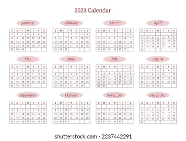 Se trata de un planificador anual sencillo y minimalista con un calendario anual de 12 meses para 2023. Ilustración de la plantilla de documento de planificador de calendarios, agenda, agenda, agenda, plan de calendario.