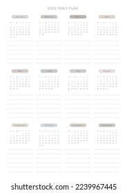 This is a simple, minimalist style annual planner with a year 12 month calendar for 2023. Note, scheduler, diary, calendar planner document template illustration.