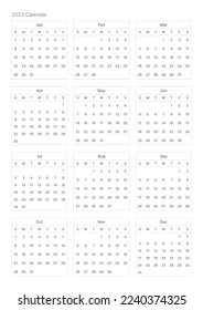 This is a simple, minimalist style annual planner with a year 12 month calendar for 2023. Note, scheduler, diary, calendar planner document template illustration.