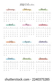 Se trata de un planificador anual sencillo y minimalista con un calendario anual de 12 meses para 2023. Ilustración de la plantilla de documento de planificador de calendarios, agenda, agenda, agenda, plan de calendario.