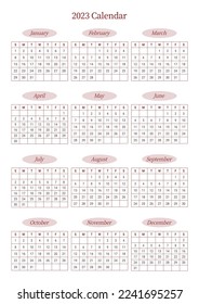 Se trata de un planificador anual sencillo y minimalista con un calendario anual de 12 meses para 2023. Ilustración de la plantilla de documento de planificador de calendarios, agenda, agenda, agenda, plan de calendario.