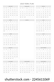 Se trata de un planificador anual sencillo y minimalista con un calendario anual de 12 meses para 2023. Ilustración de la plantilla de documento de planificador de calendarios, agenda, agenda, agenda, plan de calendario.