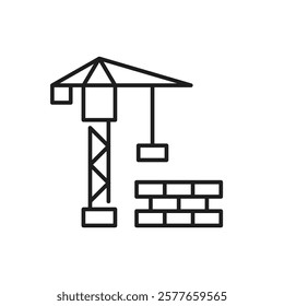 This is a simple, minimalistic outline icon that showcases a construction crane alongside several bricks, effectively symbolizing the broader realms of the renovation and construction industry