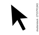 This is a simple, modern black computer mouse pointer cursor icon displayed on a clean white background. It represents digital interaction, clicking, selection, and navigation on websites or appl...