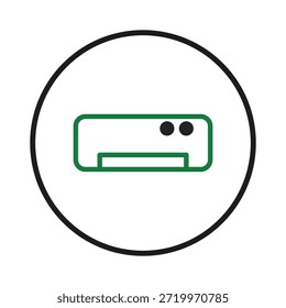 Esta ilustração simples e moderna representa uma unidade de ar condicionado, fechada dentro de um círculo. Representa o controlo do clima interior, conforto e frescura, incorporando uma sensação de temperatura regulada