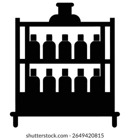 Esta imagem simples monocromática de vetor preto exibe uma unidade de prateleira em camadas cheia de muitas garrafas idênticas, todas renderizadas em uma silhueta de alto contraste.