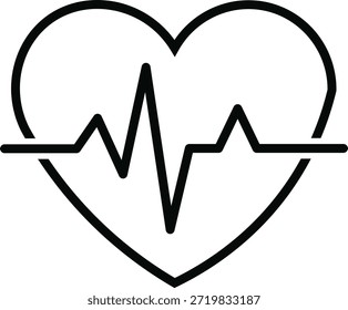This is a simple, monochrome graphic depicting a heart shape with an electrocardiogram line running through its center. It represents health, cardiology, and vital signs. high-quality professional detailed modern elegant