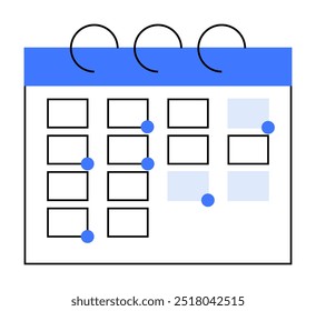 Dies ist ein einfacher Monatskalender mit blauen Akzenten und markierten Daten. Der Kalender verfügt über ein Rasterlayout mit mehreren blau markierten Quadraten, die wichtige Daten anzeigen. Ideal für Planung, Terminplanung