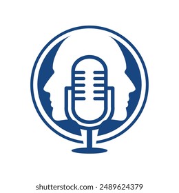 Este es un simple logo de podcast en color azul que representa dos caras humanas con un micrófono en el centro