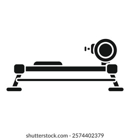 This simple, scalable and customizable black on white vector icon represents a rowing machine, perfect for projects related to exercise and fitness