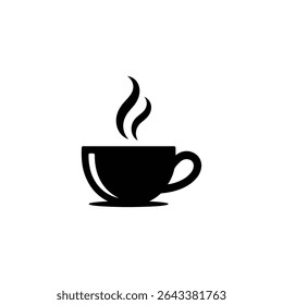 This is a simple silhouette of a hot drink in a cup, with rising steam. The dark image stands out on a white background, a simple icon illustration.