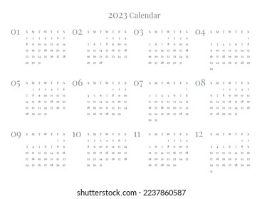 This is a simple style annual planner with a year 12 month calendar for 2023. Note, scheduler, diary, calendar planner document template illustration.