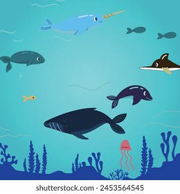 This simple style illustration captures a harmonious moment of various marine creatures in the tranquil blue ocean, including a unicorn whale, a narwhal, small fish, and jellyfish.