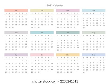 This is a simple style year planner with a year 12 month calendar for 2023. Note, scheduler, diary, calendar planner document template illustration.