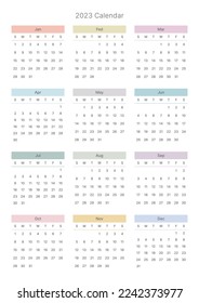 This is a simple style year planner with a year 12 month calendar for 2023. Note, scheduler, diary, calendar planner document template illustration.