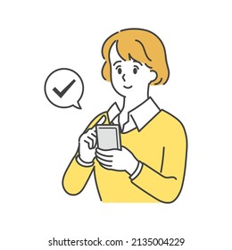 This is a simple and stylish illustration of an office casual woman who checks with a smartphone.