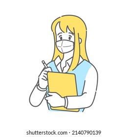 This is a simple and stylish illustration of a woman holding a binder and pen.