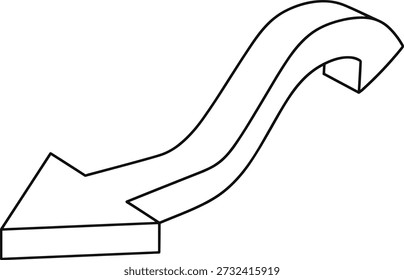 Esta es una ilustración 3D simple y estilizada de una flecha. La flecha está representada en un contorno negro sobre un fondo blanco. Comienza con una punta de flecha angulosa y aguda que apunta a la izquierda y ligeramente hacia abajo. Desde la punta de flecha, el eje de la flecha se extiende hacia arriba y se curva suavemente hacia la derecha, formando un arco suave. La flecha tiene un sentido de profundidad, indicado por las líneas paralelas que crean un efecto tridimensional, lo que sugiere que es un objeto grueso y sólido. La impresión general es de movimiento o cambio de dirección.