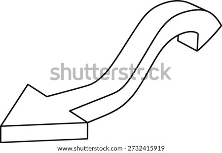 This is a simple, stylized 3D illustration of an arrow. The arrow is depicted in black outline against a white background. It begins with a sharp, angular arrowhead pointing to the left and slightly downwards. From the arrowhead, the shaft of the arrow extends upwards and curves smoothly to the right, forming a gentle arc. The arrow has a sense of depth, indicated by the parallel lines that create a three-dimensional effect, suggesting it is a thick, solid object. The overall impression is of movement or direction change.