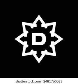 This is a simple sun logo with a letter D in it in flat style in black and white