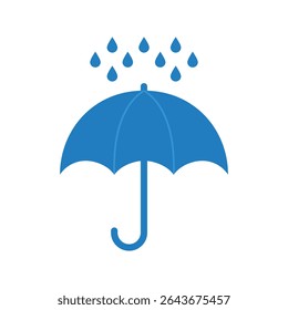 this simple vector EPS featuring a blue umbrella with falling raindrops. Ideal for weather forecasts, safety, rainy day themes, and protection concepts.
