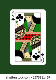 This is a simple vector graphic design of the queen of clubs of playing cards.