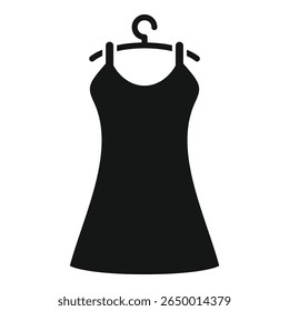 Este simples ícone vetorial retrata um vestido preto pendurado em um cabide, incorporando a essência da moda e estilo