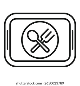 This simple vector icon design features a food tray with a fork and spoon symbol
