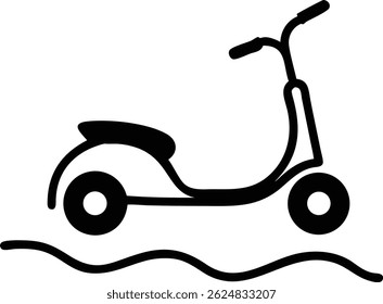 This simple vector icon portrays a black motor scooter with a seat and handlebars, presented on a road depicted with curved lines, symbolizing movement and transport.