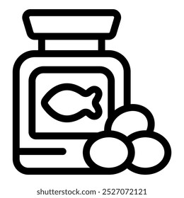 This simple vector icon represents a bottle of fish oil pills, promoting health and wellness