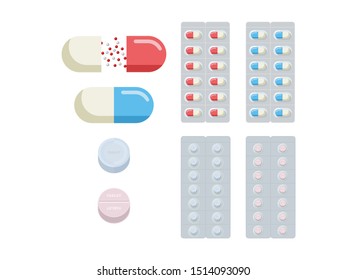 This is a simple vector illustration set of capsule and tablet medicines