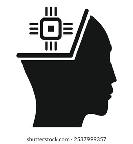 This simple vector illustration shows a human head silhouette with a computer chip replacing the brain, symbolizing artificial intelligence