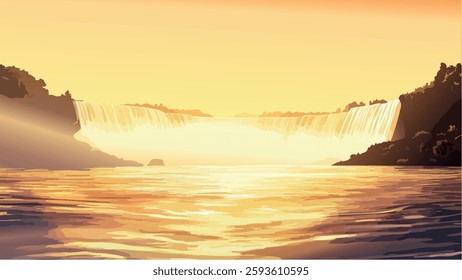 This simple vector style illustration beautifully captures the serenity of a peaceful morning at Niagara Falls. The golden light of the sunrise reflects off the mist and water