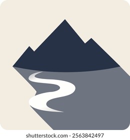 This simple and visually appealing illustration features a stylized mountain in dark blue with a winding river or path leading away from it in white, all set against a gray background.