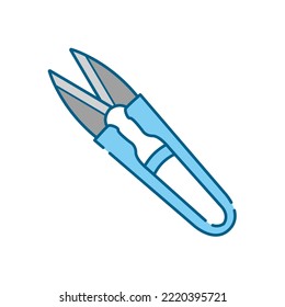 This is a simple white-based line drawing illustration of a pair of thread cutting scissors.