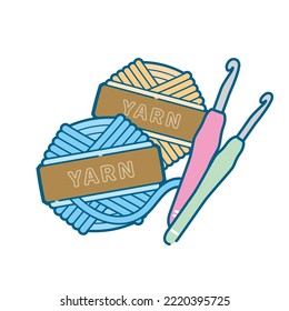 This is a simple white-based line drawing illustration of a crochet hook and yarn.