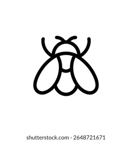 This simple yet elegant vector shows a minimalist line drawing of a fly. The fly is in solid black with a thin outline, and a transparent background.