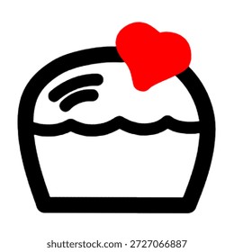 Dies ist ein einfaches, aber schönes Doodle eines Cupcakes, der mit einem leuchtend roten Herz bedeckt ist. Die kräftigen Striche und das saubere Design machen es zu einem entzückenden Symbol für jedes Projekt über Backen oder Zuneigung.