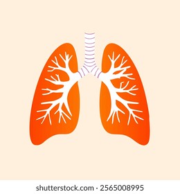 This simplified anatomical illustration depicts the human lungs in orange, with the white bronchial tree branching within. The trachea, illustrated with purple and white stripes.